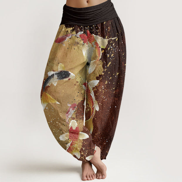 Buddha Stones Casual Koi Fish Gold Ink Background Pattern Women's Elastic Waist Harem Pants - SaddleBrown - US22，UK/AU26，EU54 (6XL) - image 8