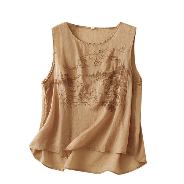Buddha Stones Vintage Casual Embroidery Cotton Linen Women's Vest Waistcoat