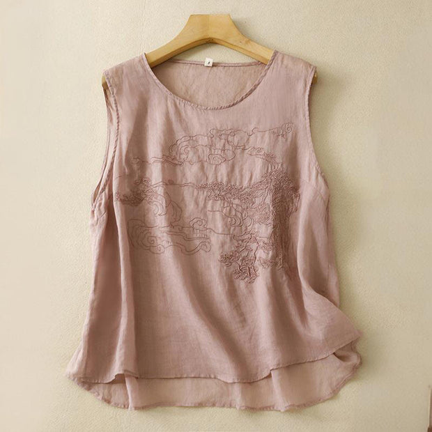 Buddha Stones Vintage Casual Embroidery Cotton Linen Women's Vest Waistcoat