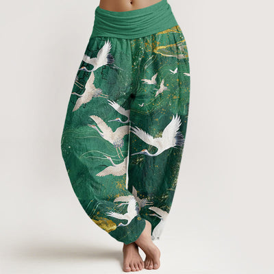 Buddha Stones Flying White Cranes Auspicious Clouds Design Women's Elastic Waist Harem Pants - MediumSpringGreen - US22，UK/AU26，EU54 (6XL) - image 1