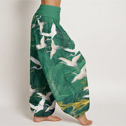 Buddha Stones Flying White Cranes Auspicious Clouds Design Women's Elastic Waist Harem Pants - image 3