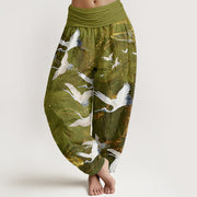 Buddha Stones Flying White Cranes Auspicious Clouds Design Women's Elastic Waist Harem Pants - YellowGreen - US22，UK/AU26，EU54 (6XL) - image 8