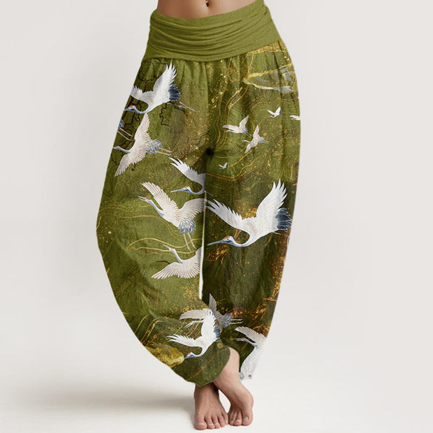 Buddha Stones Flying White Cranes Auspicious Clouds Design Women's Elastic Waist Harem Pants - YellowGreen - US22，UK/AU26，EU54 (6XL) - image 8