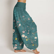Buddha Stones Pink White Flowers Bamboo Leaves Fruits Design Women's Elastic Waist Harem Pants - image 3