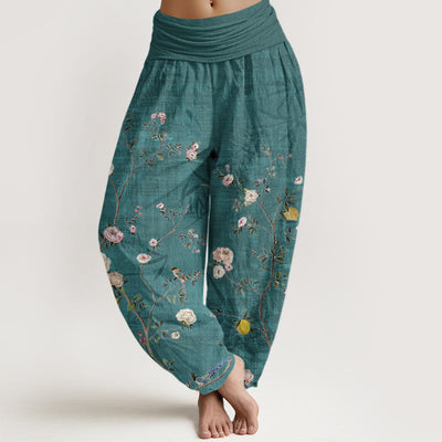 Buddha Stones Pink White Flowers Bamboo Leaves Fruits Design Women's Elastic Waist Harem Pants - DarkCyan - US22，UK/AU26，EU54 (6XL) - image 1