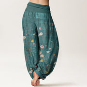 Buddha Stones Pink White Flowers Bamboo Leaves Fruits Design Women's Elastic Waist Harem Pants - image 2