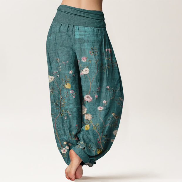 Buddha Stones Pink White Flowers Bamboo Leaves Fruits Design Women's Elastic Waist Harem Pants - image 2