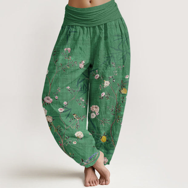 Buddha Stones Pink White Flowers Bamboo Leaves Fruits Design Women's Elastic Waist Harem Pants - SpringGreen - US22，UK/AU26，EU54 (6XL) - image 5