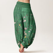 Buddha Stones Pink White Flowers Bamboo Leaves Fruits Design Women's Elastic Waist Harem Pants - image 6