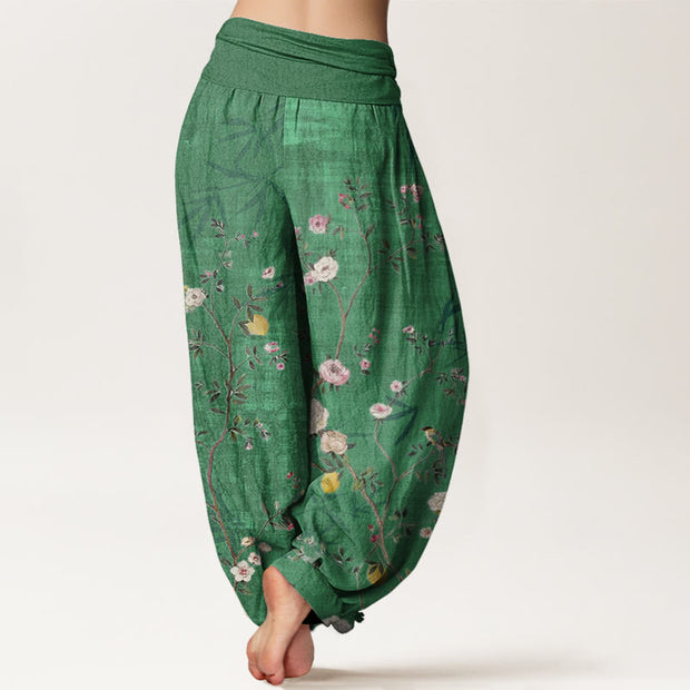 Buddha Stones Pink White Flowers Bamboo Leaves Fruits Design Women's Elastic Waist Harem Pants - image 6