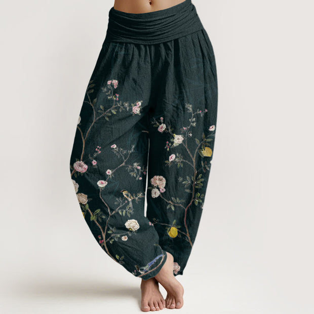 Buddha Stones Pink White Flowers Bamboo Leaves Fruits Design Women's Elastic Waist Harem Pants - Black - US22，UK/AU26，EU54 (6XL) - image 8
