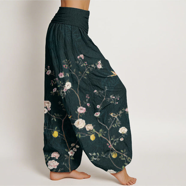 Buddha Stones Pink White Flowers Bamboo Leaves Fruits Design Women's Elastic Waist Harem Pants - image 10