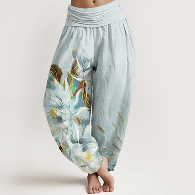 Buddha Stones Epiphyllum Flowers Design Women's Elastic Waist Harem Pants - LightCyan - US22，UK/AU26，EU54 (6XL) - image 1