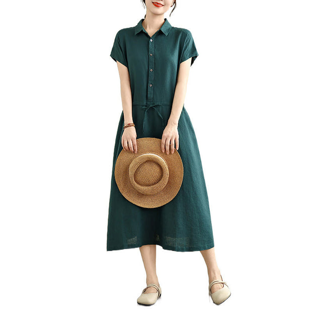Buddha Stones Summer Plain Single Breasted Drawstring Cotton Linen Midi Dress With Pockets - image 17