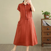 Buddha Stones Summer Plain Single Breasted Drawstring Cotton Linen Midi Dress With Pockets - image 19