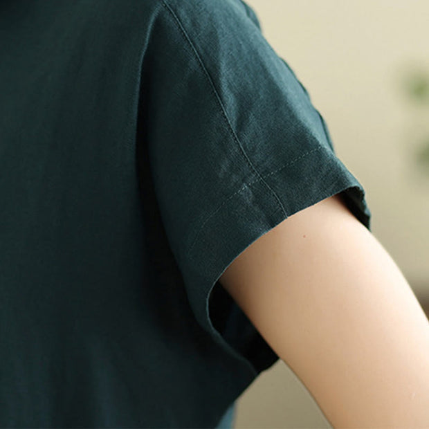 Buddha Stones Summer Plain Single Breasted Drawstring Cotton Linen Midi Dress With Pockets - image 14