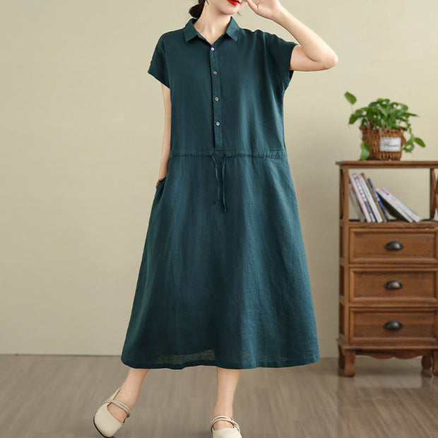 Buddha Stones Summer Plain Single Breasted Drawstring Cotton Linen Midi Dress With Pockets - image 12