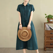 Buddha Stones Summer Plain Single Breasted Drawstring Cotton Linen Midi Dress With Pockets - DarkGreen - US8-10，UK/AU12-14，EU40-42 (2XL) - image 7