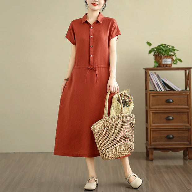 Buddha Stones Summer Plain Single Breasted Drawstring Cotton Linen Midi Dress With Pockets - image 22