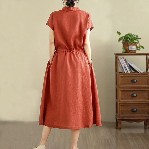Buddha Stones Summer Plain Single Breasted Drawstring Cotton Linen Midi Dress With Pockets - image 20