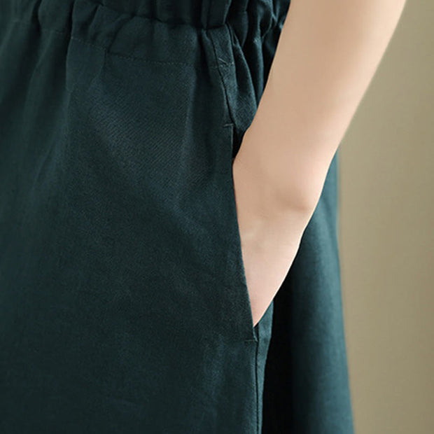 Buddha Stones Summer Plain Single Breasted Drawstring Cotton Linen Midi Dress With Pockets - image 15