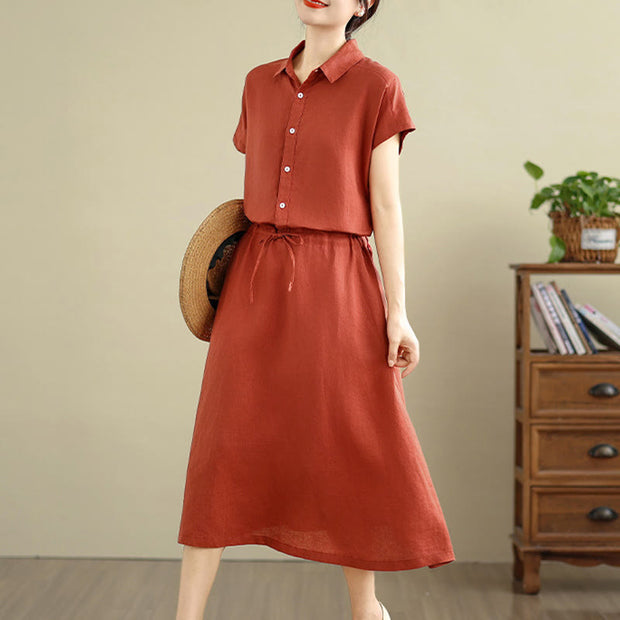 Buddha Stones Summer Plain Single Breasted Drawstring Cotton Linen Midi Dress With Pockets - image 21