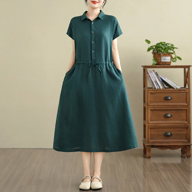 Buddha Stones Summer Plain Single Breasted Drawstring Cotton Linen Midi Dress With Pockets - image 8