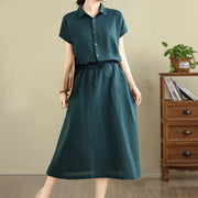Buddha Stones Summer Plain Single Breasted Drawstring Cotton Linen Midi Dress With Pockets - image 10