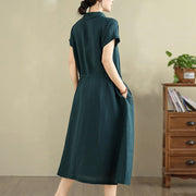 Buddha Stones Summer Plain Single Breasted Drawstring Cotton Linen Midi Dress With Pockets - image 11