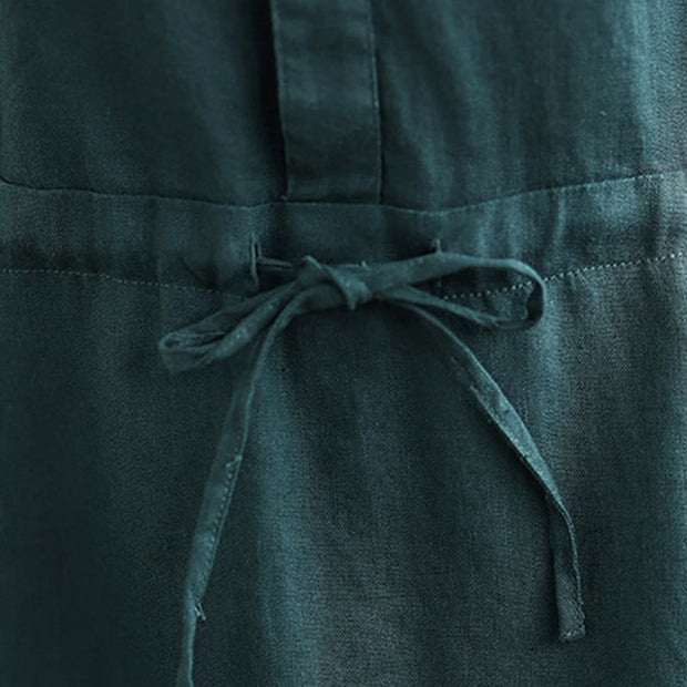 Buddha Stones Summer Plain Single Breasted Drawstring Cotton Linen Midi Dress With Pockets - image 16