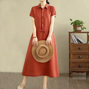 Buddha Stones Summer Plain Single Breasted Drawstring Cotton Linen Midi Dress With Pockets - OrangeRed - US8-10，UK/AU12-14，EU40-42 (2XL) - image 18