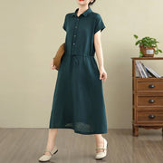 Buddha Stones Summer Plain Single Breasted Drawstring Cotton Linen Midi Dress With Pockets - image 9