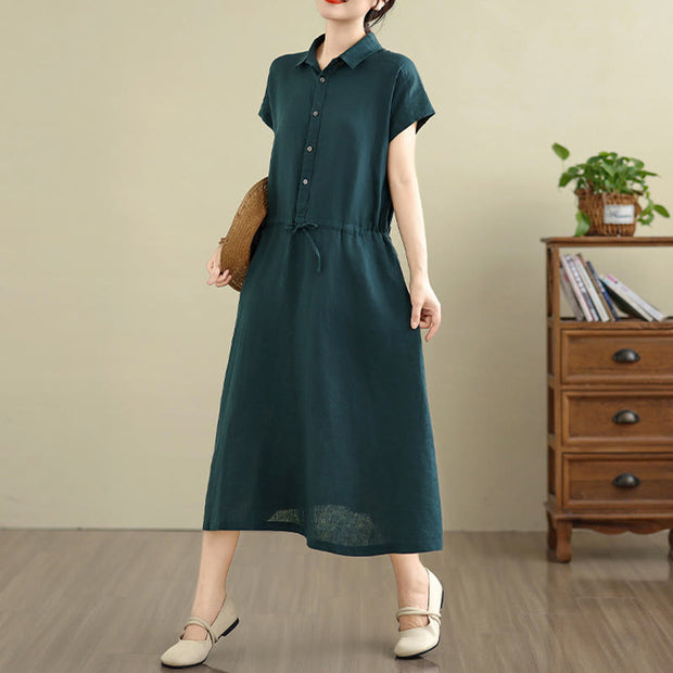 Buddha Stones Summer Plain Single Breasted Drawstring Cotton Linen Midi Dress With Pockets - image 9