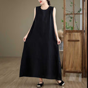 Buddha Stones Casual Spring Plain Irregular Sleeveless Cotton Linen Midi Dress With Pockets - image 13