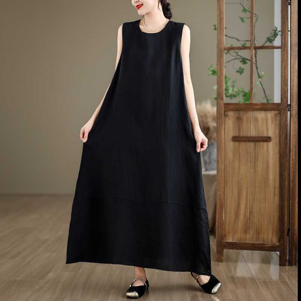 Buddha Stones Casual Spring Plain Irregular Sleeveless Cotton Linen Midi Dress With Pockets - image 13