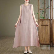 Buddha Stones Casual Spring Plain Irregular Sleeveless Cotton Linen Midi Dress With Pockets - image 17