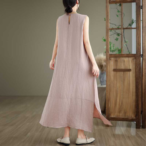 Buddha Stones Casual Spring Plain Irregular Sleeveless Cotton Linen Midi Dress With Pockets - image 20