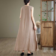 Buddha Stones Casual Spring Plain Irregular Sleeveless Cotton Linen Midi Dress With Pockets - image 3