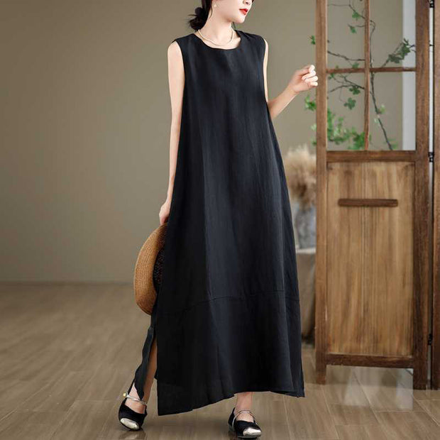 Buddha Stones Casual Spring Plain Irregular Sleeveless Cotton Linen Midi Dress With Pockets - image 12