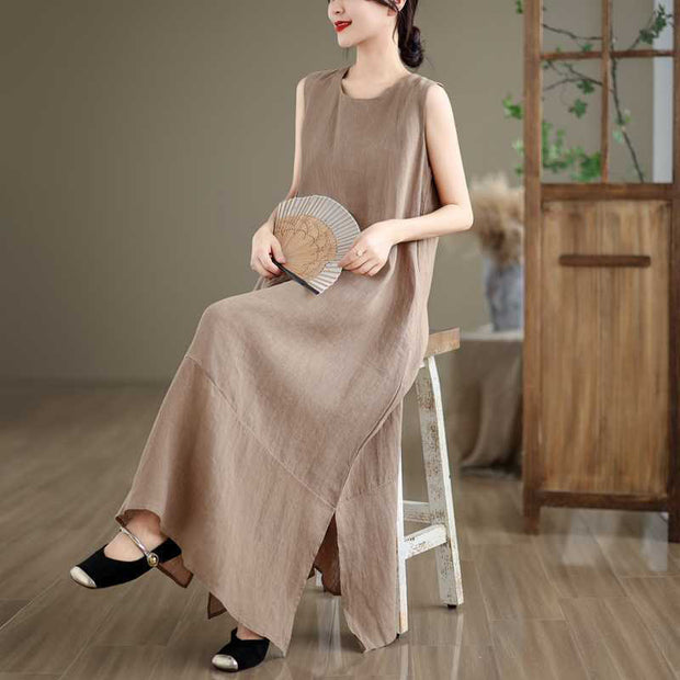 Buddha Stones Casual Spring Plain Irregular Sleeveless Cotton Linen Midi Dress With Pockets - image 5