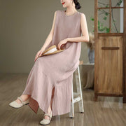 Buddha Stones Casual Spring Plain Irregular Sleeveless Cotton Linen Midi Dress With Pockets - image 21