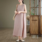 Buddha Stones Casual Spring Plain Irregular Sleeveless Cotton Linen Midi Dress With Pockets - image 18