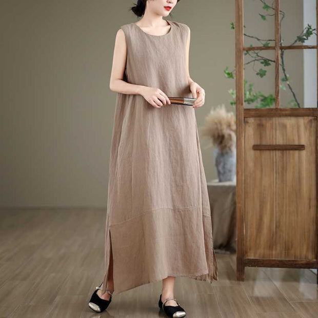 Buddha Stones Casual Spring Plain Irregular Sleeveless Cotton Linen Midi Dress With Pockets - image 4