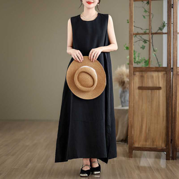 Buddha Stones Casual Spring Plain Irregular Sleeveless Cotton Linen Midi Dress With Pockets - Black - US8-10，UK/AU12-14，EU40-42 (2XL) - image 10