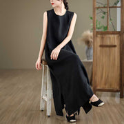 Buddha Stones Casual Spring Plain Irregular Sleeveless Cotton Linen Midi Dress With Pockets - image 15