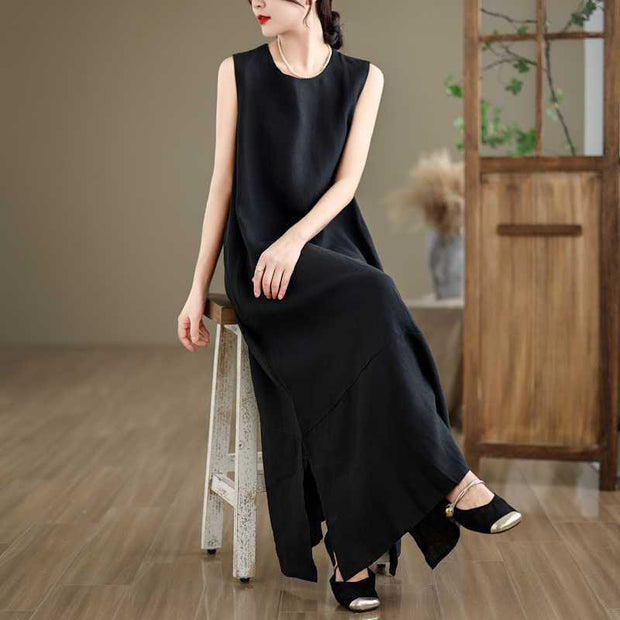 Buddha Stones Casual Spring Plain Irregular Sleeveless Cotton Linen Midi Dress With Pockets - image 15