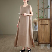 Buddha Stones Casual Spring Plain Irregular Sleeveless Cotton Linen Midi Dress With Pockets - image 1