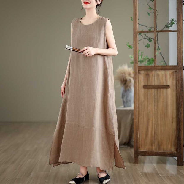 Buddha Stones Casual Spring Plain Irregular Sleeveless Cotton Linen Midi Dress With Pockets - image 1