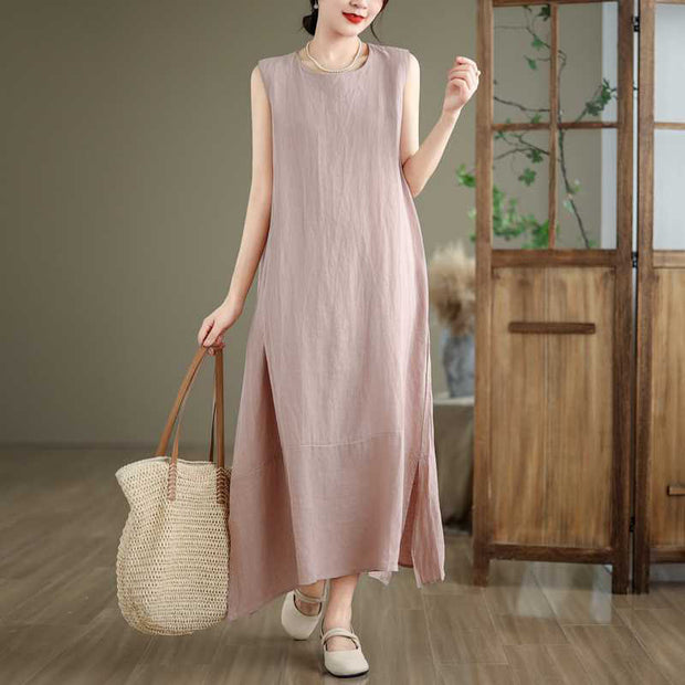 Buddha Stones Casual Spring Plain Irregular Sleeveless Cotton Linen Midi Dress With Pockets - Thistle - US8-10，UK/AU12-14，EU40-42 (2XL) - image 16