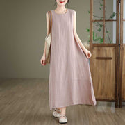 Buddha Stones Casual Spring Plain Irregular Sleeveless Cotton Linen Midi Dress With Pockets - image 19